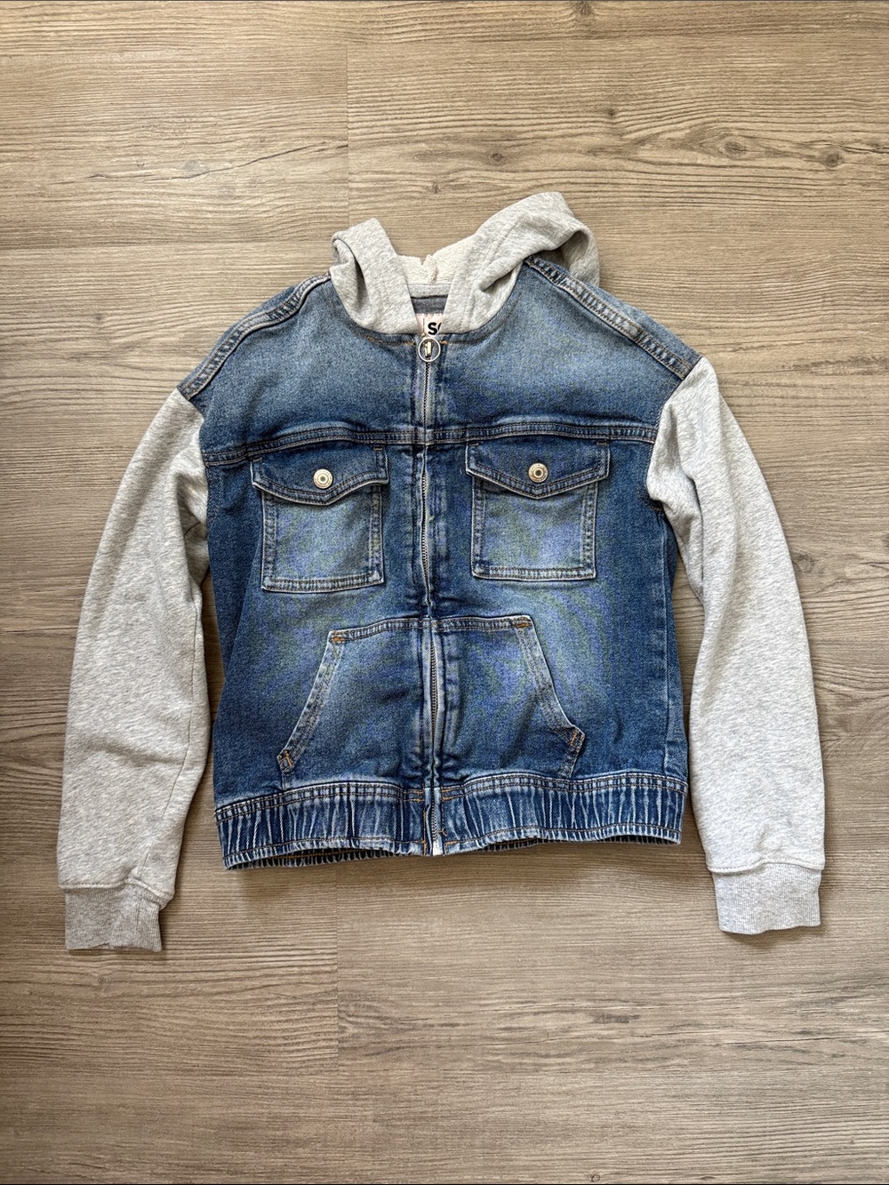 Kids Denim Jacket with Light Gray Knit Hood & Sleeves